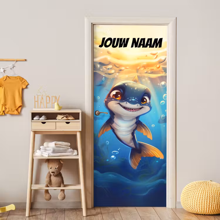 Vrolijke dolfijn onder water met de tekst “Deze kamer is van: jouw naam”. deurposter klein -sfeer4