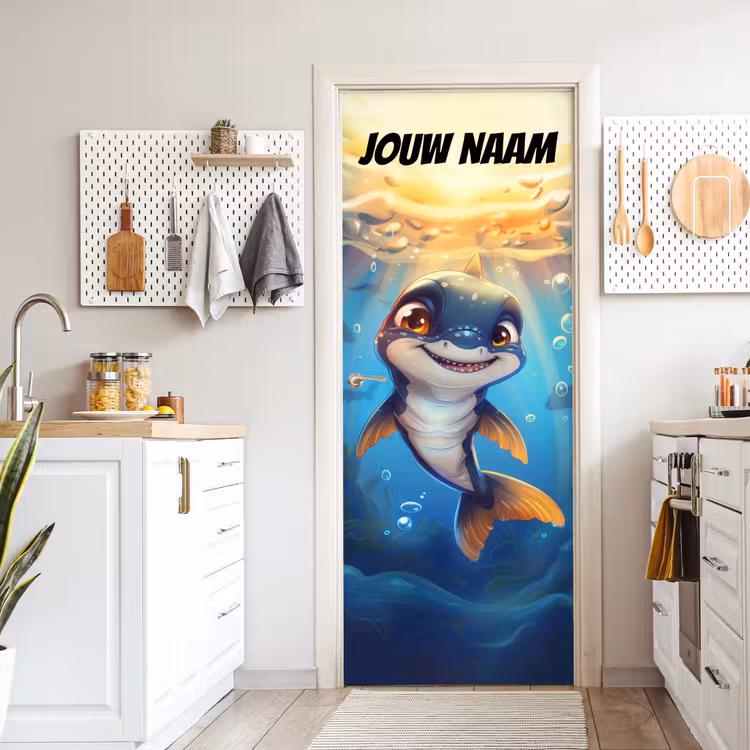 Vrolijke dolfijn onder water met de tekst “Deze kamer is van: jouw naam”. deurposter klein -sfeer5