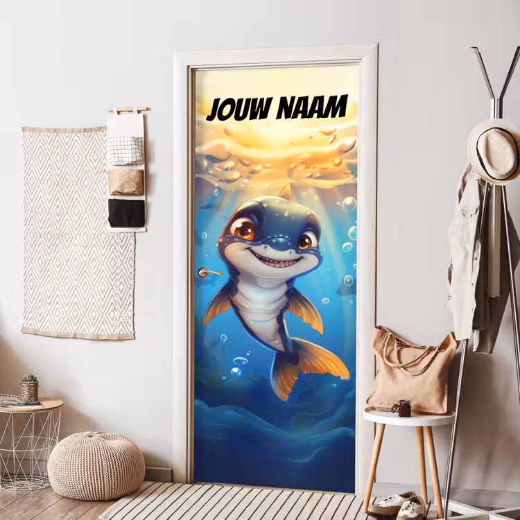 Vrolijke dolfijn onder water met de tekst “Deze kamer is van: jouw naam”. deurposter klein -sfeer6