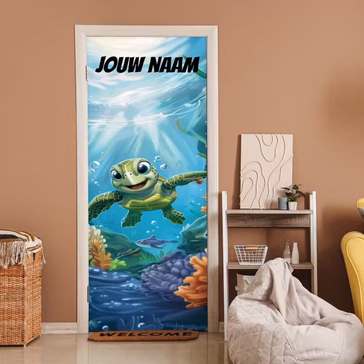 Vrolijke zeeschildpad onder water met de tekst “Deze kamer is van: jouw naam”. deurposter klein -sfeer1