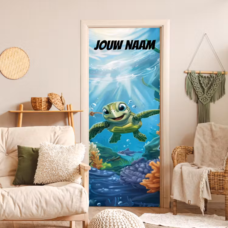 Vrolijke zeeschildpad onder water met de tekst “Deze kamer is van: jouw naam”. deurposter klein -sfeer2