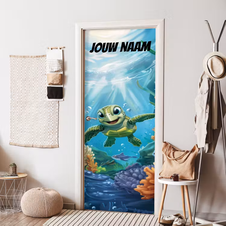 Vrolijke zeeschildpad onder water met de tekst “Deze kamer is van: jouw naam”. deurposter klein -sfeer6