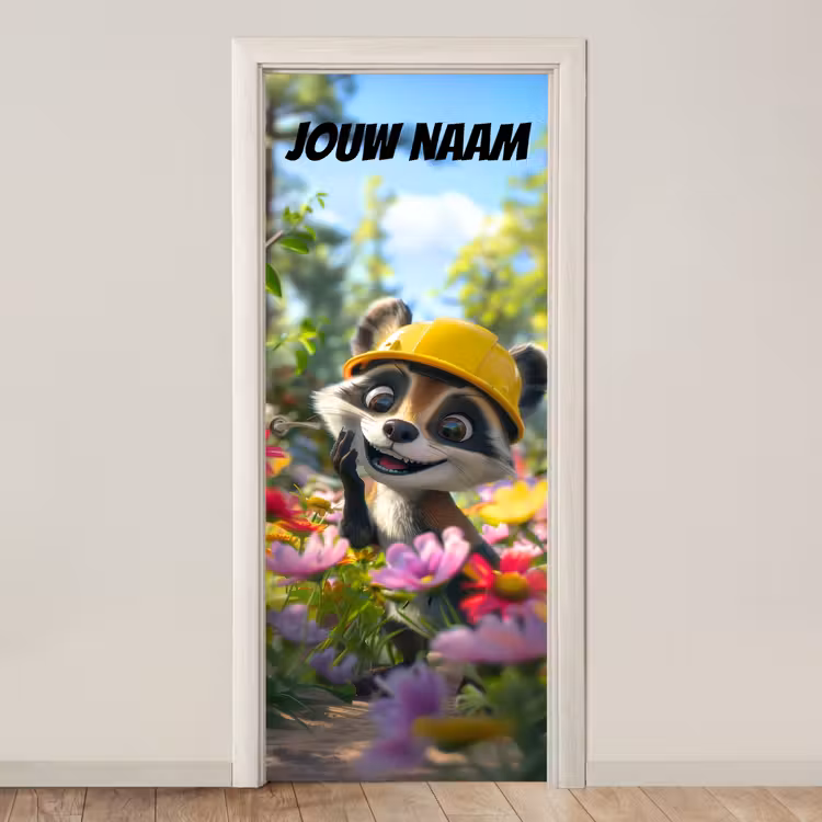 Schattige wasbeer met bouwhelm tussen bloemen en de tekst “Deze kamer is van: jouw naam”. deurposter klein -3d_beige