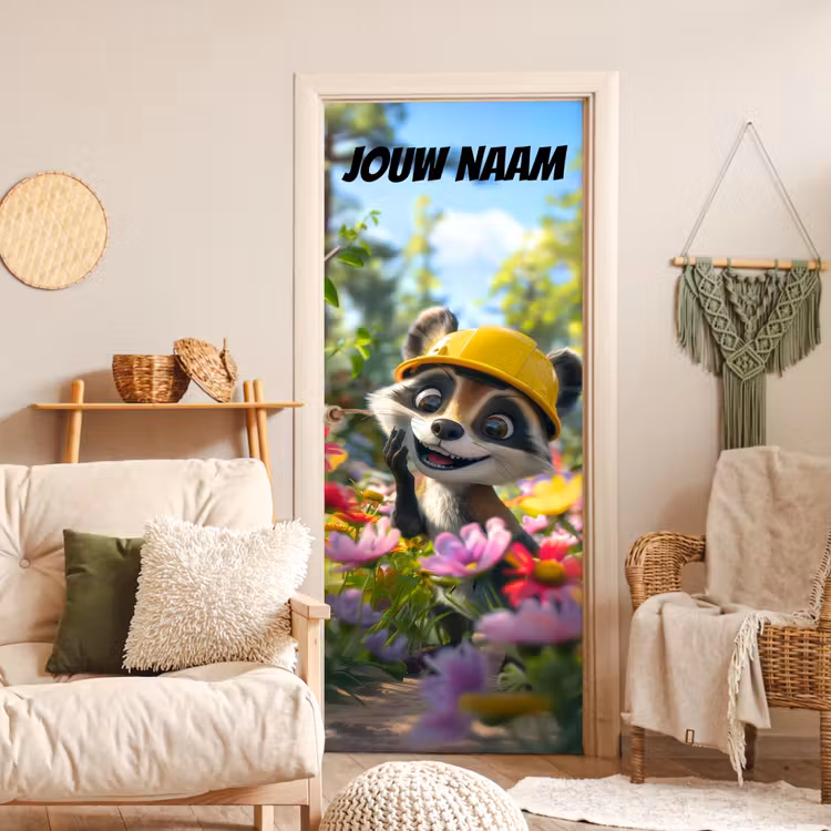 Schattige wasbeer met bouwhelm tussen bloemen en de tekst “Deze kamer is van: jouw naam”. deurposter klein -sfeer2