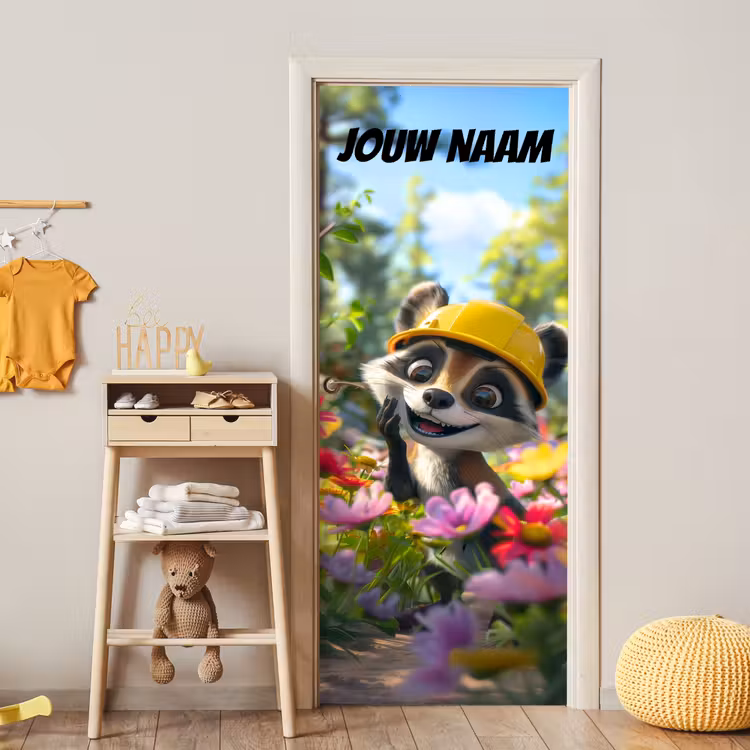 Schattige wasbeer met bouwhelm tussen bloemen en de tekst “Deze kamer is van: jouw naam”. deurposter klein -sfeer4
