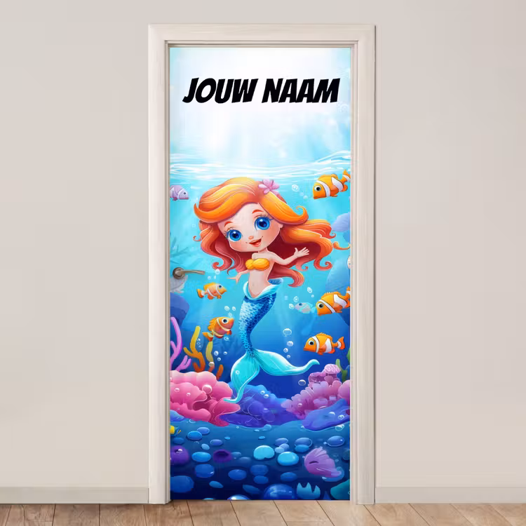Schattige zeemeermin met vissen onder water en de tekst “Deze kamer is van: jouw naam”. deurposter klein -3d_beige