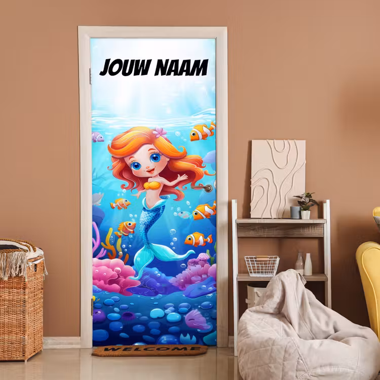 Schattige zeemeermin met vissen onder water en de tekst “Deze kamer is van: jouw naam”. deurposter klein -sfeer1