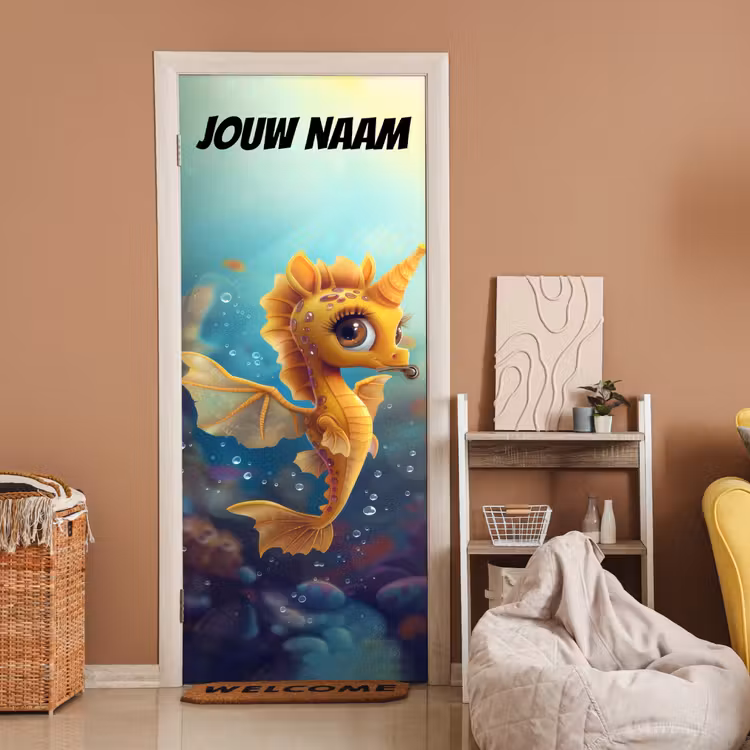 Schattig zeepaardje in warme kleuren met de tekst “Deze kamer is van: jouw naam”. deurposter klein -sfeer1