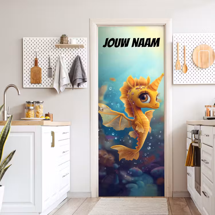 Schattig zeepaardje in warme kleuren met de tekst “Deze kamer is van: jouw naam”. deurposter klein -sfeer5