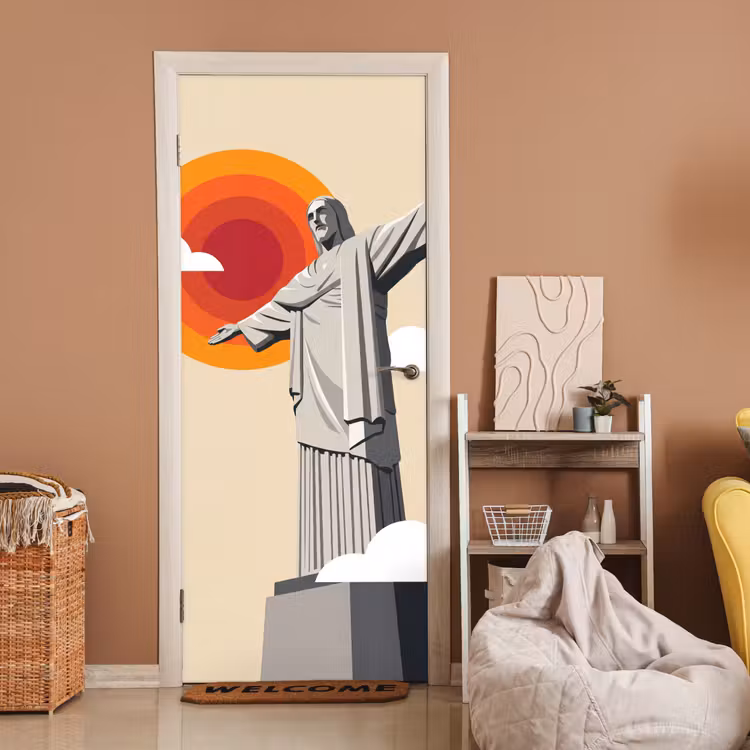 Monument - Stad - Zonsondergang - Minimalistisch - Oranje deurposter klein -sfeer1