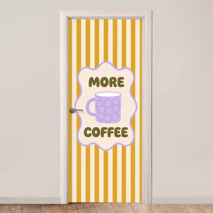 More coffee - Geel - Paars - Strepen - Mok deurposter klein -3d_beige