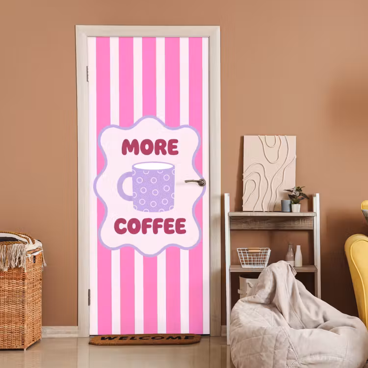 More coffee - Roze - Paars - Strepen - Mok deurposter klein -sfeer1