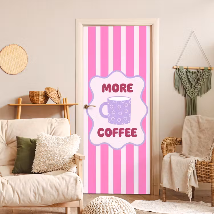 More coffee - Roze - Paars - Strepen - Mok deurposter klein -sfeer2