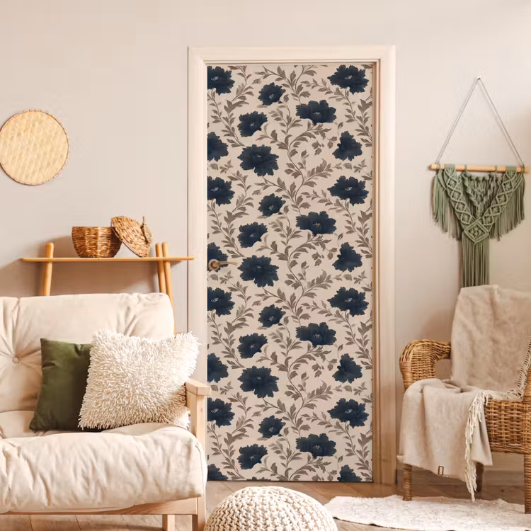 Motief - Bloemen - Zwart - Beige deurposter klein 289 -sfeer2