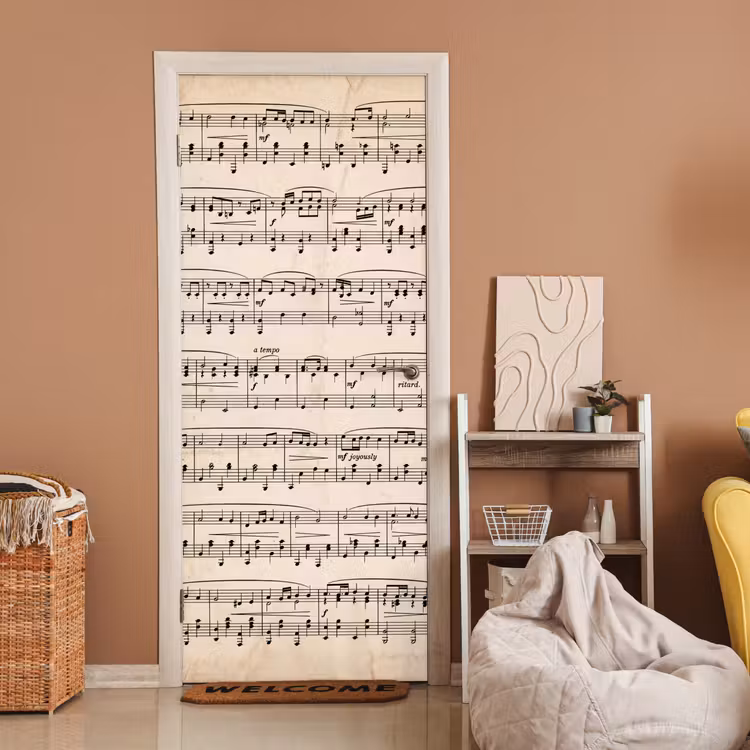 Muzieknotatie - Notenbalken - Kunst - Klassiek - Beige deurposter klein -sfeer1