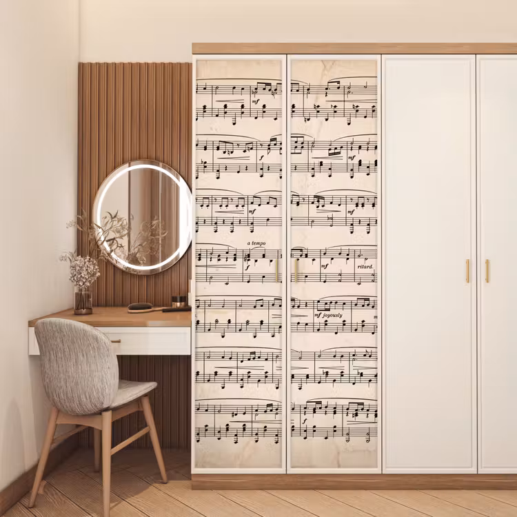 Muzieknotatie - Notenbalken - Kunst - Klassiek - Beige deurposter klein -sfeer3