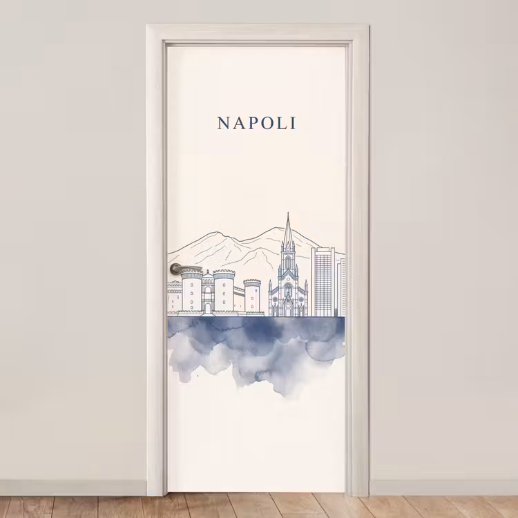 Napels - Skyline - Italie - Lijntekening - Aquarel deurposter klein -3d_beige