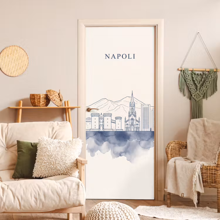 Napels - Skyline - Italie - Lijntekening - Aquarel deurposter klein -sfeer2