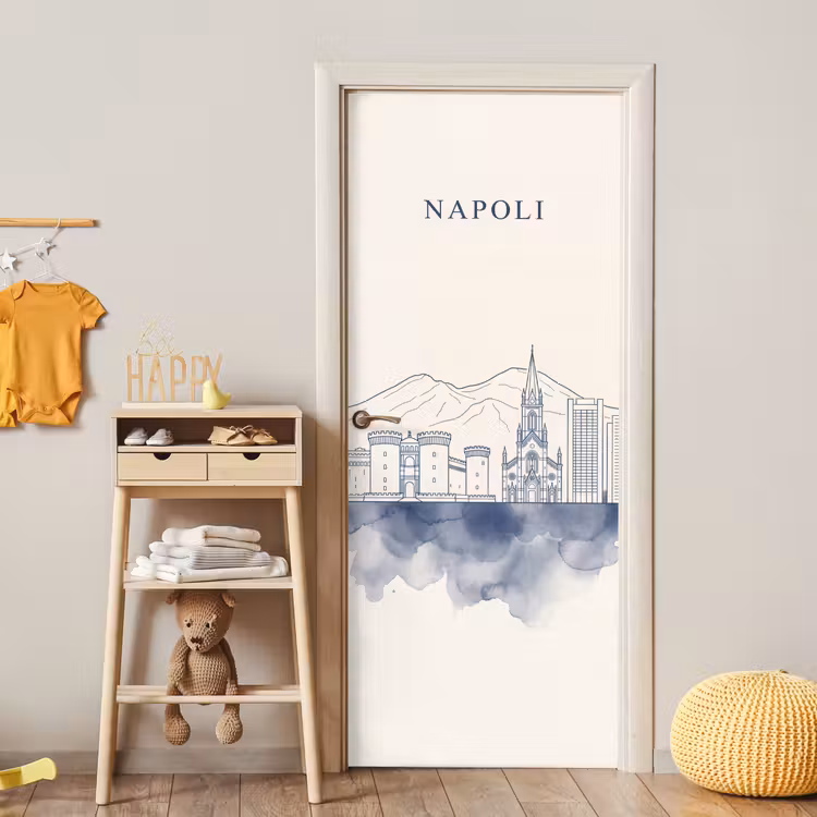 Napels - Skyline - Italie - Lijntekening - Aquarel deurposter klein -sfeer4
