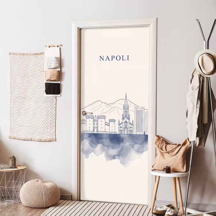 Napels - Skyline - Italie - Lijntekening - Aquarel deurposter klein -sfeer6