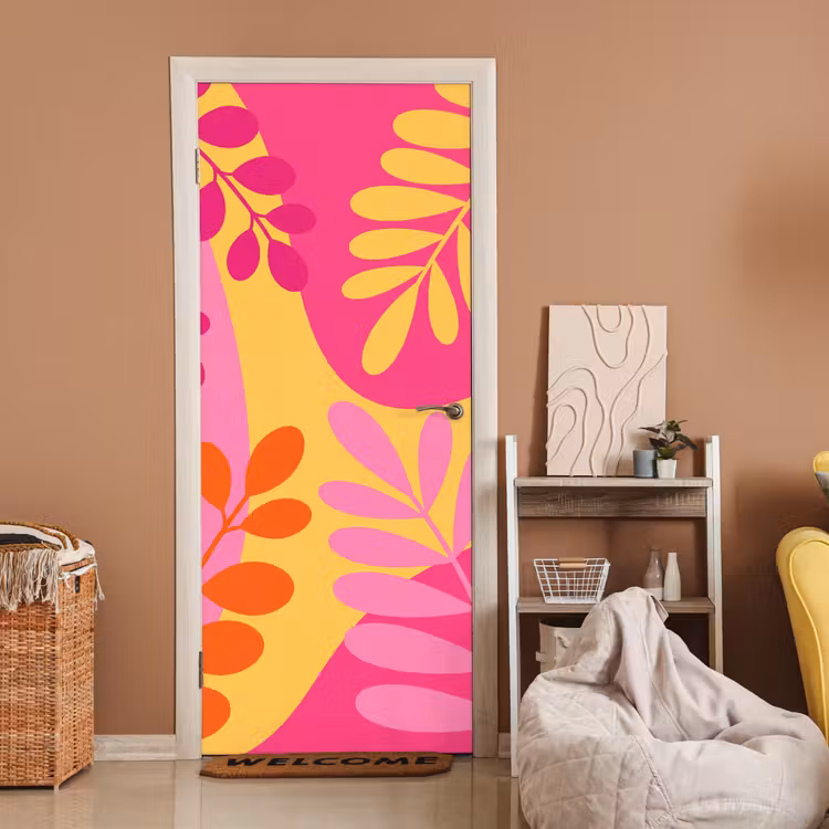 Natuur - Bladeren - Abstract - Roze - Geel deurposter klein -sfeer1