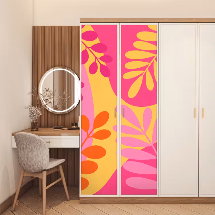 Natuur - Bladeren - Abstract - Roze - Geel deurposter klein -sfeer3