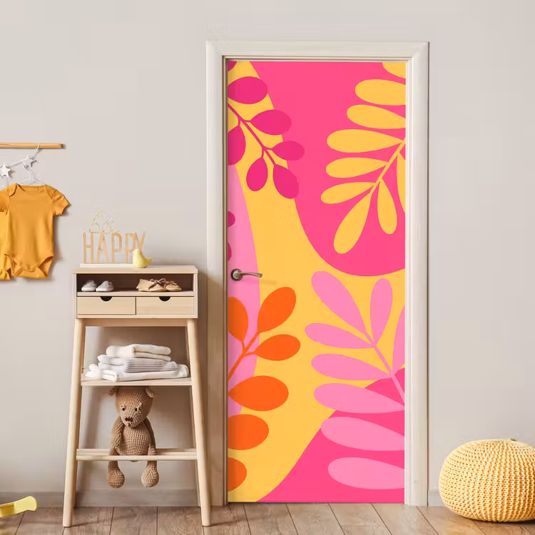 Natuur - Bladeren - Abstract - Roze - Geel deurposter klein -sfeer4