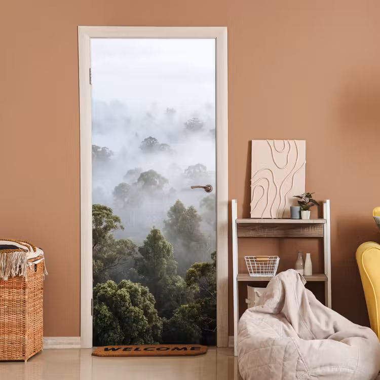 Natuur - Mist - Bos - Ochtend - Goud deurposter klein -sfeer1