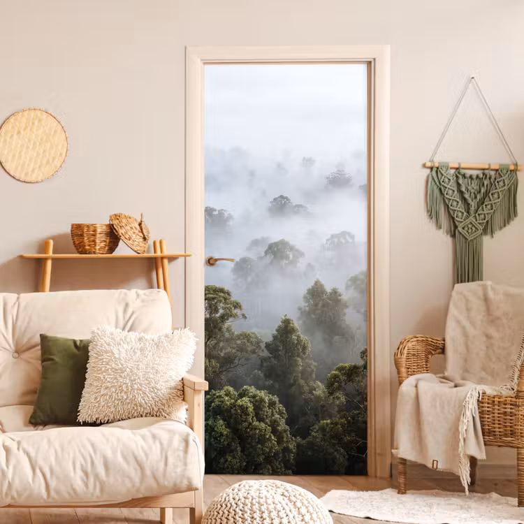 Natuur - Mist - Bos - Ochtend - Goud deurposter klein -sfeer2