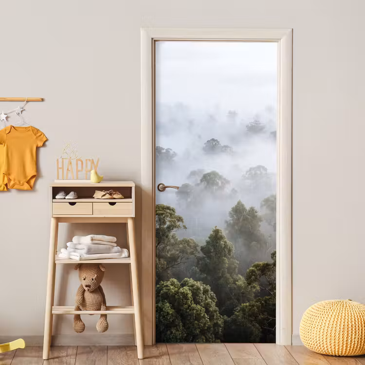 Natuur - Mist - Bos - Ochtend - Goud deurposter klein -sfeer4