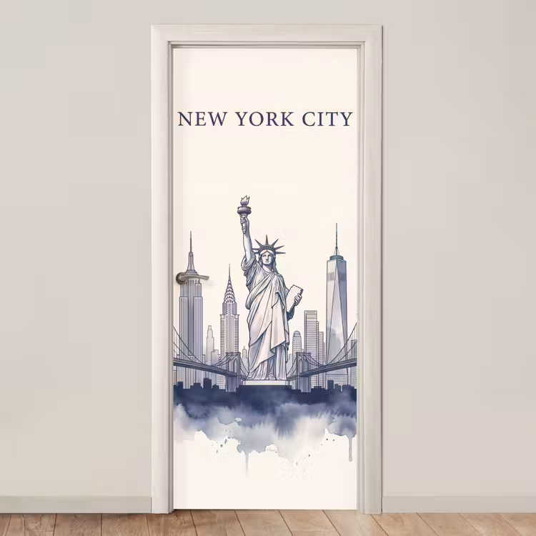 New York - Vrijheidsbeeld - Skyline - Illustratie - Blauw deurposter klein -3d_beige