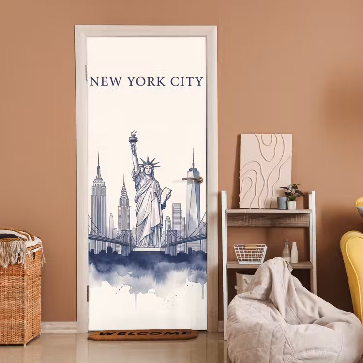 New York - Vrijheidsbeeld - Skyline - Illustratie - Blauw deurposter klein -sfeer1