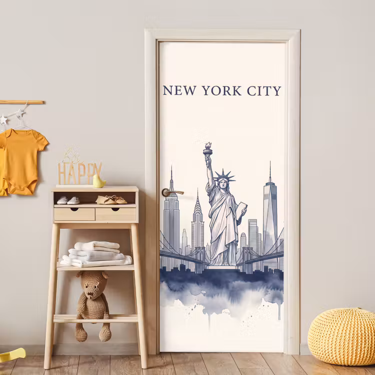 New York - Vrijheidsbeeld - Skyline - Illustratie - Blauw deurposter klein -sfeer4