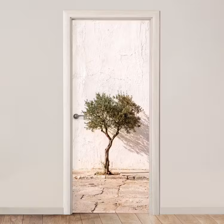 Deursticker - Olijfboom - muur - wit - Olijfboom - muur - wit deurposter klein