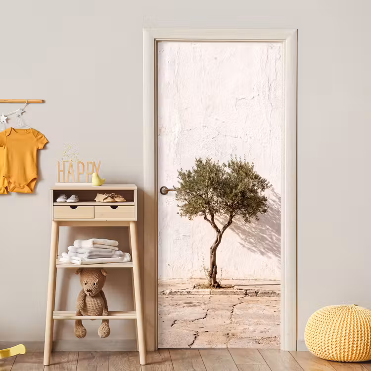 Deursticker - Olijfboom - muur - wit - Olijfboom - muur - wit deurposter klein
