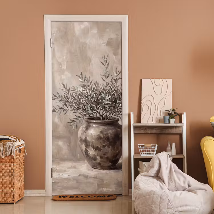 Olijfplant - Aardenpot - Abstract - Beige deurposter klein -sfeer1