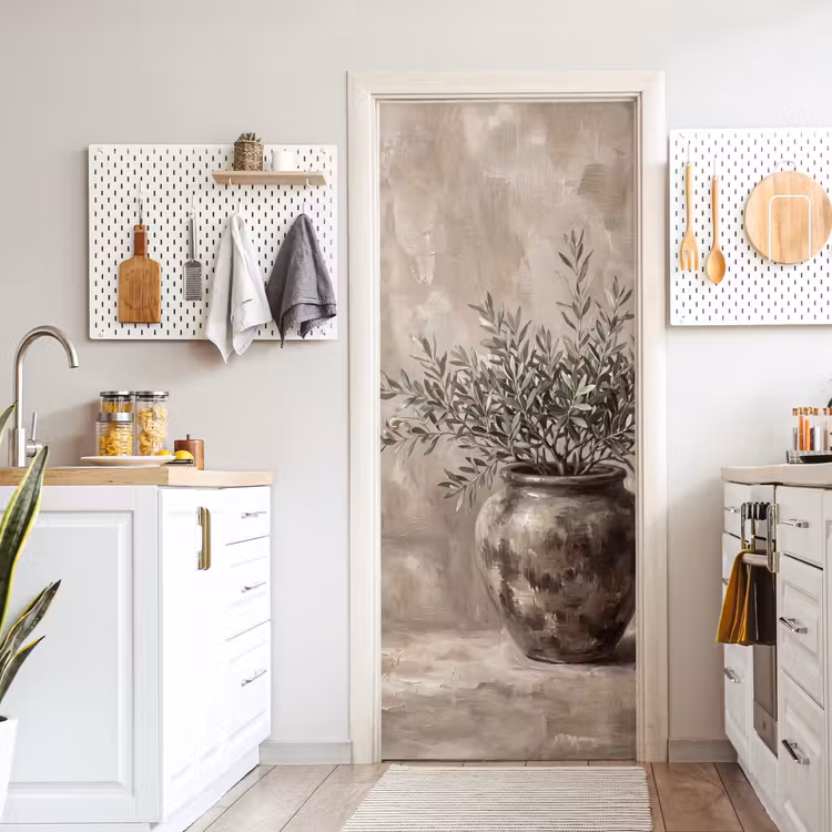 Olijfplant - Aardenpot - Abstract - Beige deurposter klein -sfeer5