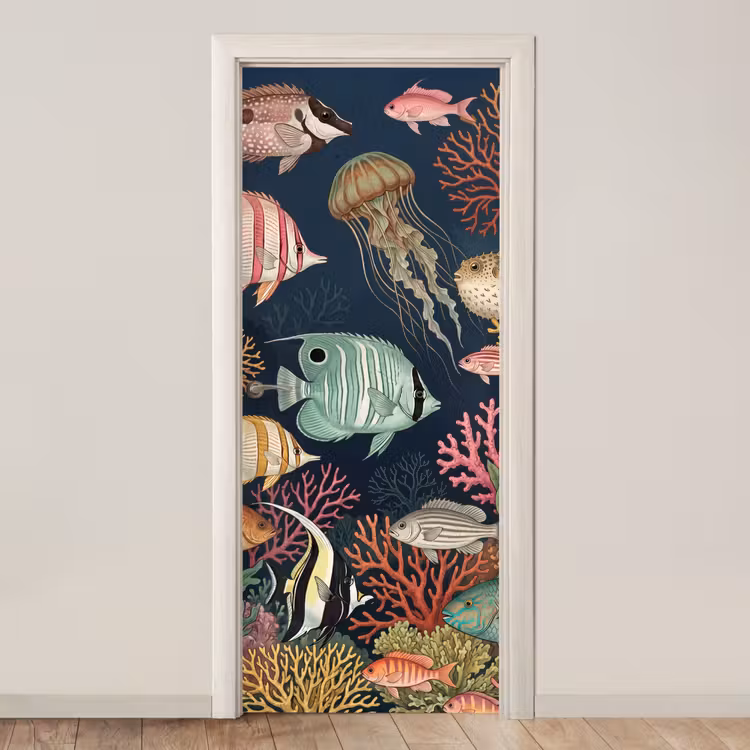 Onderwaterwereld - Vissen - Koraal - Illustratie - Kleurrijk deurposter klein -3d_beige