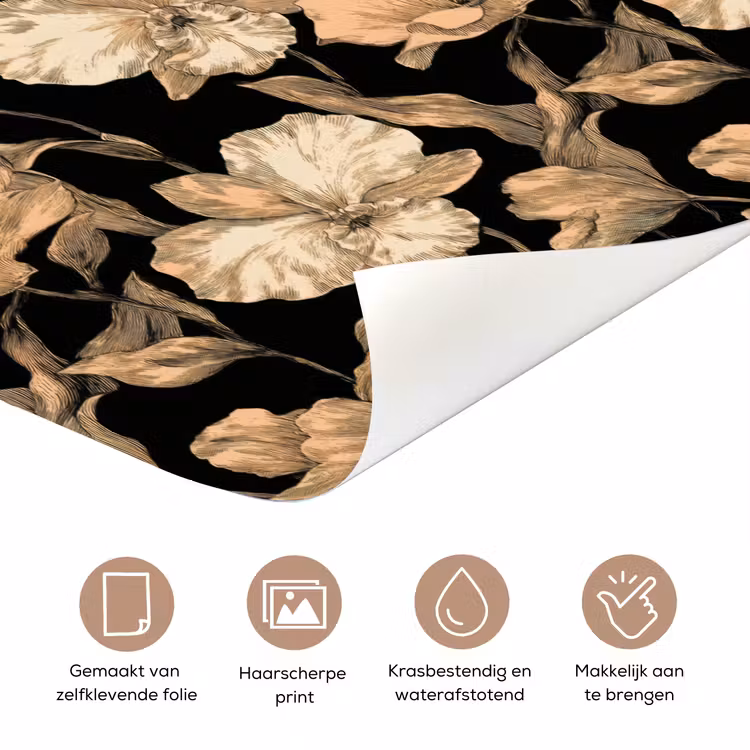 Orchideeën - Lijntekening - Patroon - Beige - Zwart deurposter klein 289 -closeup_NL