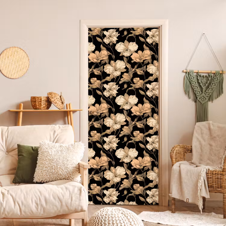 Orchideeën - Lijntekening - Patroon - Beige - Zwart deurposter klein 289 -sfeer2