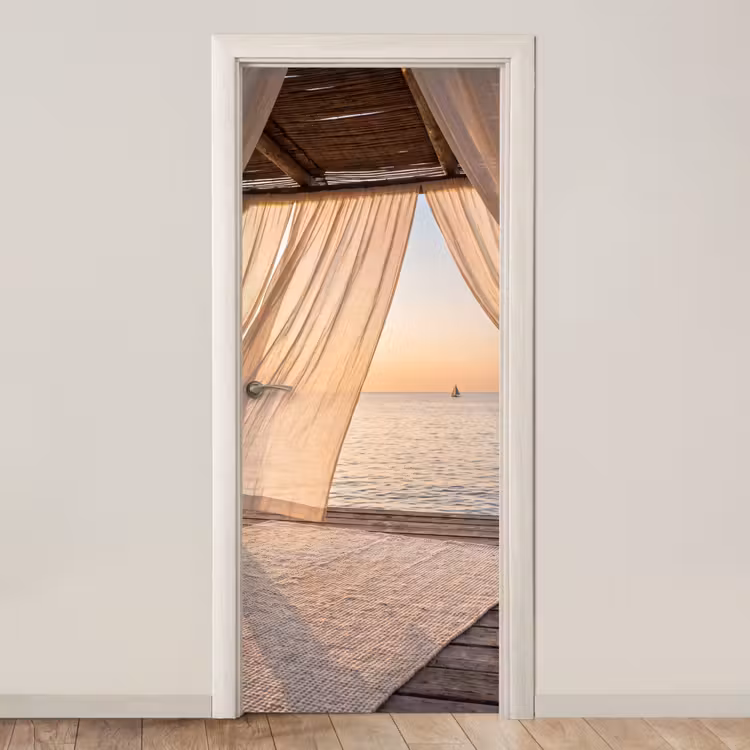 Overkapping - Zee - Zonsondergang - Vakantie - Rust deurposter klein -3d_beige