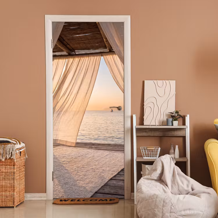 Overkapping - Zee - Zonsondergang - Vakantie - Rust deurposter klein -sfeer1