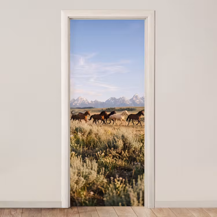 Paarden - Kudde - Bergen - Vrijheid - Wild deurposter klein -3d_beige