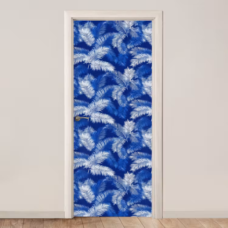 Palmblad - Patroon - Blauw deurposter klein 289 -3d_beige