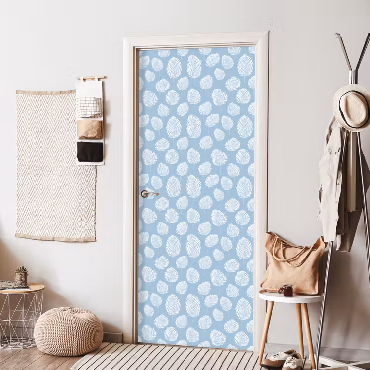 Palmbladeren - Naadloos - Patroon - Pastelblauw deurposter klein 289 -sfeer6