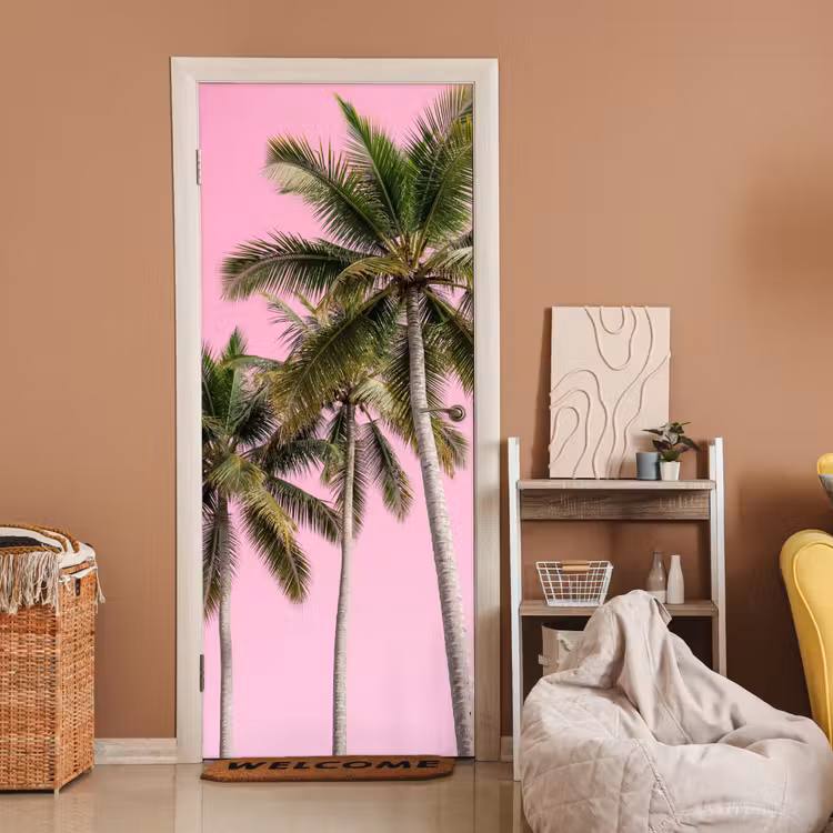 Palmboom - Tropisch - Pink deurposter klein -sfeer1