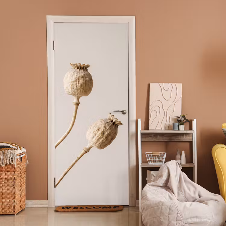 Papaverbollen - Droogbloemen - Minimalistisch - Beige - Rustig deurposter klein -sfeer1