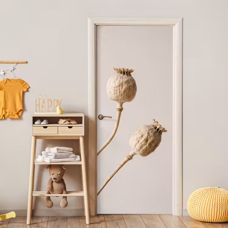 Papaverbollen - Droogbloemen - Minimalistisch - Beige - Rustig deurposter klein -sfeer4