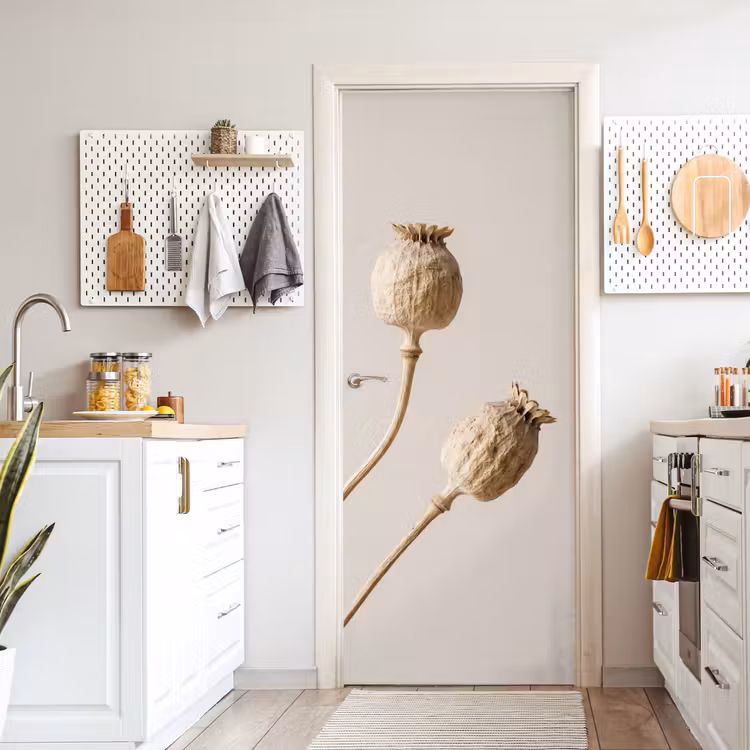 Papaverbollen - Droogbloemen - Minimalistisch - Beige - Rustig deurposter klein -sfeer5