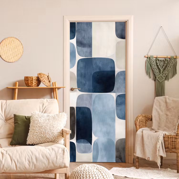 Patroon - Blauw - Vierkanten deurposter klein -sfeer2